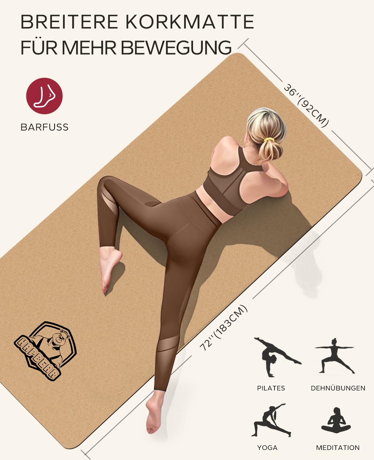 HAPBEAR Yogamatte Kork XXL- Extra Groß Yoga Matte Rutschfestes 183 x116 cm/183 x92cm- 6mm Dicke Dämpfungsauflage, 100% Natürliche & Dauerhaft korkmatte Für Yoga & Pilates- Inkl.Resistance Band