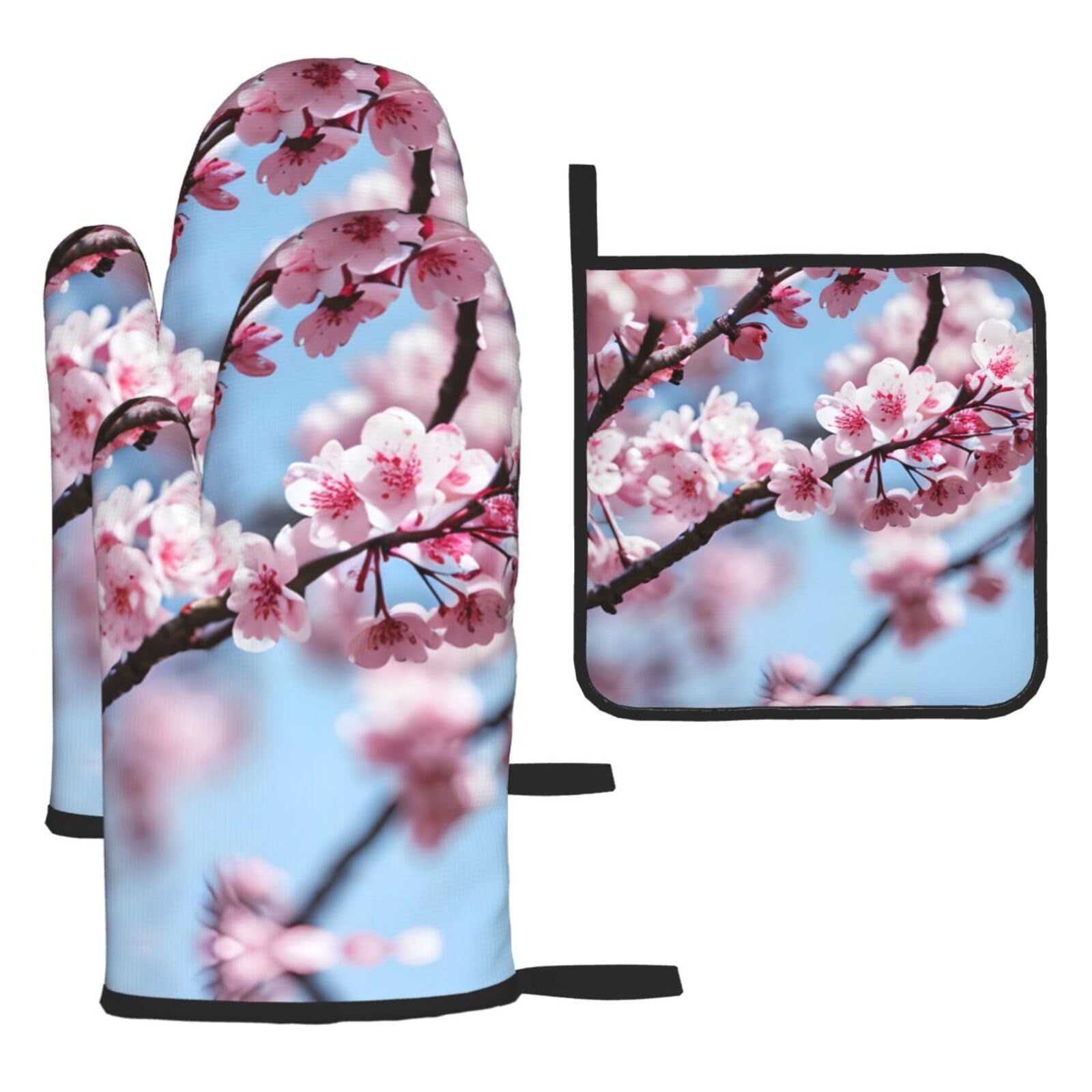Tempting Cherry Blossoms Print Oven Mitts and Pot Holders,Non-Slip Pot Holders for Kitchen,Thick Potholders for Baking Grilling