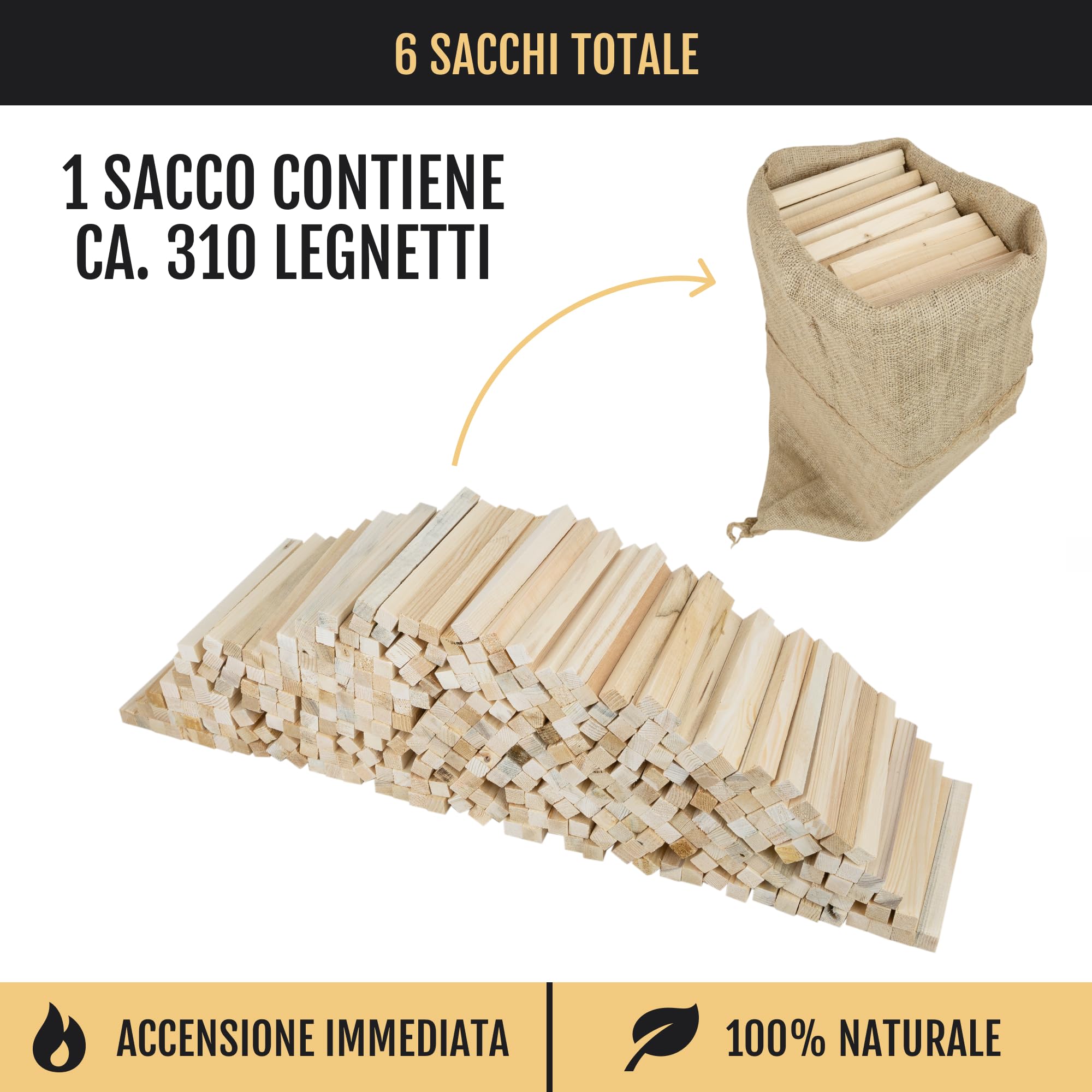 Drewno opałowe do rozpałki w 100% naturalne, suszone drewno opałowe, do pieca i kominka na drewno, BBQ, 16 cm ~ 310 sztuk (6 worków – 30 kg)