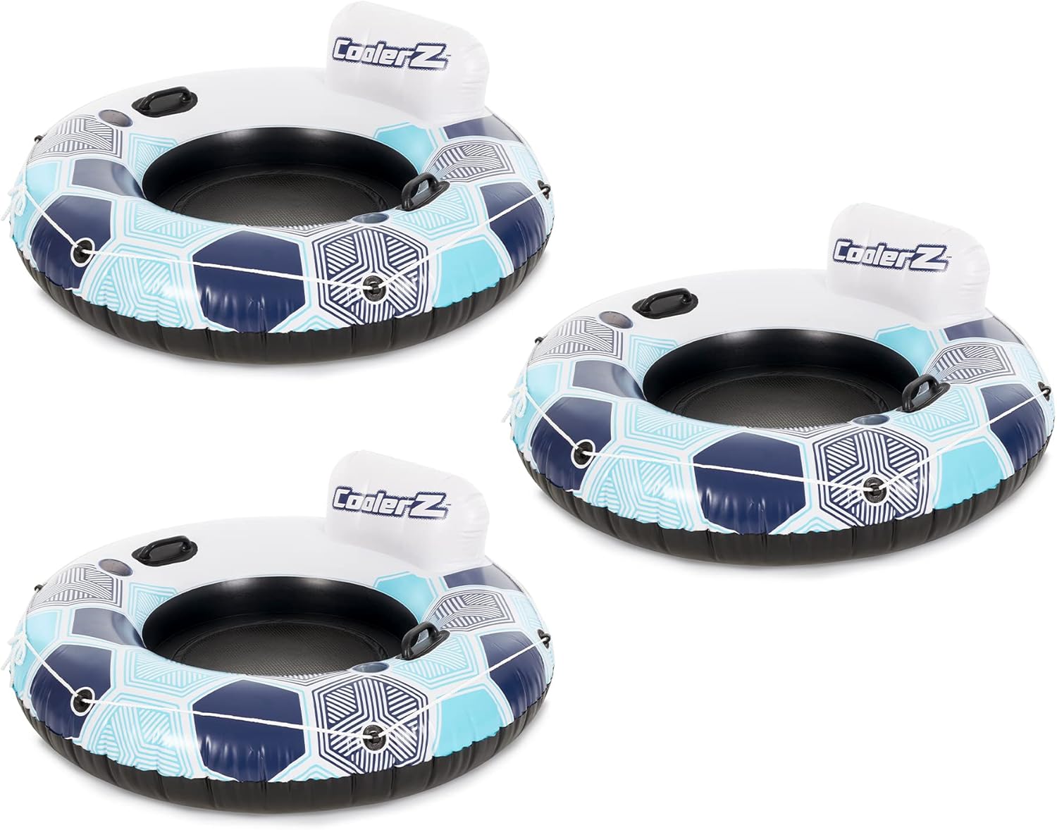 Bestway 15496 CoolerZ Rapid Rider Inflatable River Lake Pool Inner Tube Float with Built in Backrest and Wrap Around Grab Rope, Blue Hexagon