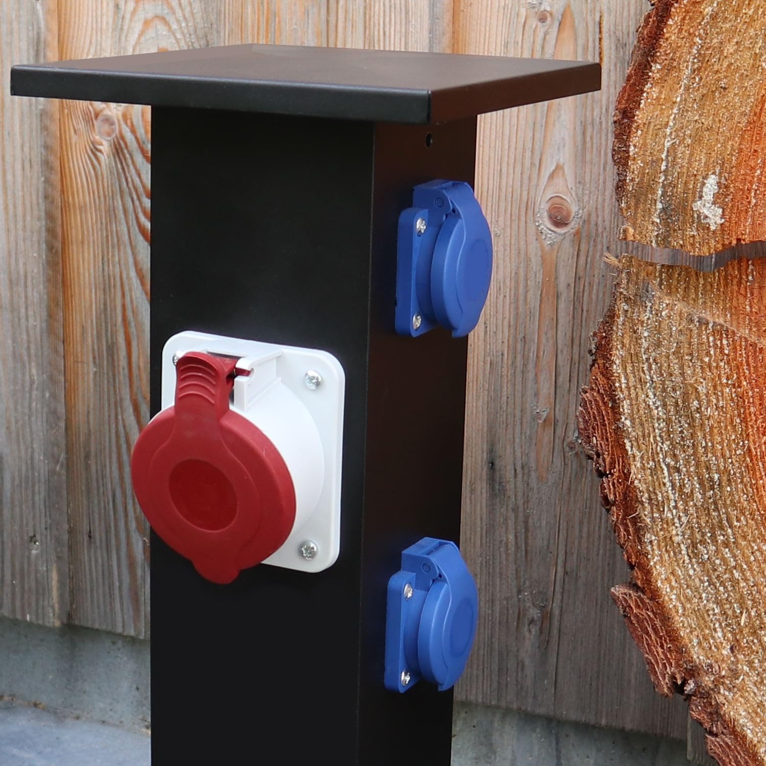 WITTKOWARE Alu-Steckdosensäule für Festinstallation, Standverteiler bestückt mit 3X 16A Schutzkontakt-Steckdosen und 1x 16A CEE-Steckdose, Farbe schwarz