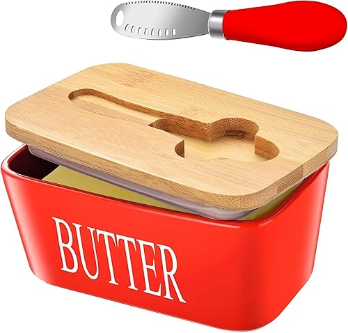 Miniatura 8 de Mantequillera grande con tapa para encimera, recipiente de mantequilla de cerámica con soporte para cuchillos, sellos de silicona dobles, diseño de
