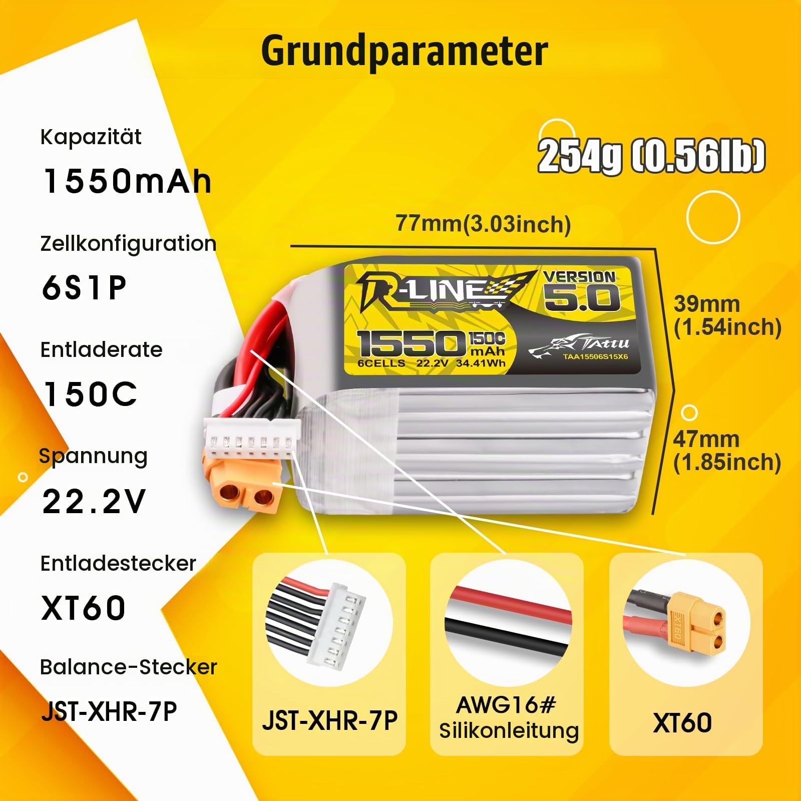 Tattu 6S LiPo Akku 1550mAh 22.2V 150C 6S Batterie mit XT60 Stecker Rline Series für Professional FPV Racing competitions