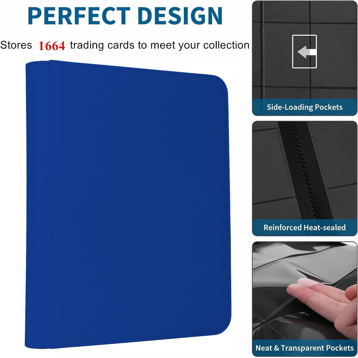 Trading Card Binder 16 Pocket, 1664 Pockets Ringless PU Cover Card Collection Binder, Double Sided Card Binder Collector Album, Card Folder for MTG, TCG, Sports Cards, Game Card (Blue, 16Pockets)