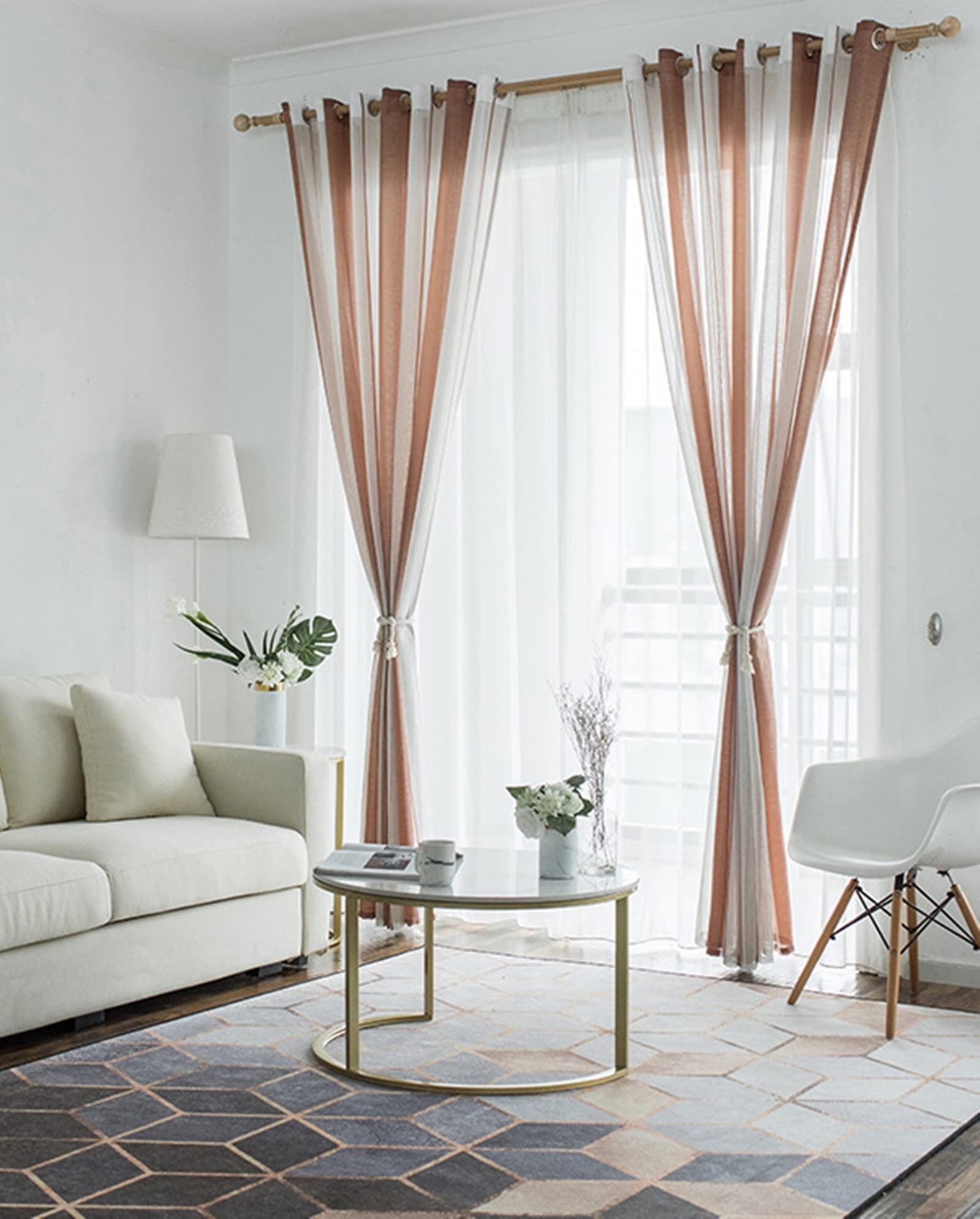 Daesar Zasłony w paski, 107 x 160 cm, półprzezroczyste, zestaw 2 sztuk, zasłony do salonu na przelotkach, kawowe