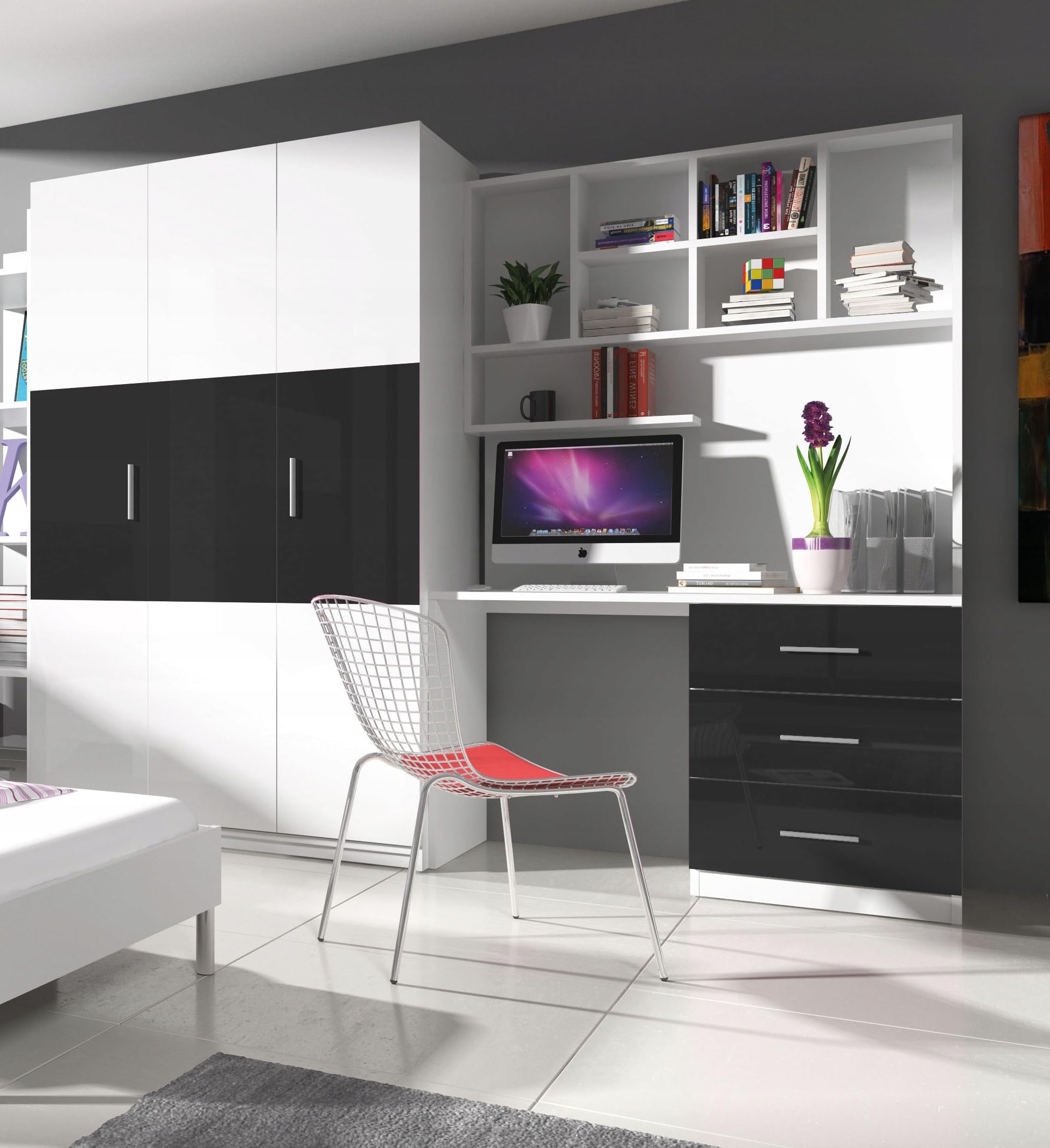 Generisch Jugendmöbel TOMI Schrank/Regal mit Schreibtisch Kindermöbel Hochglanz Jugendzimmer Komplet (Weiß/Schwarz)