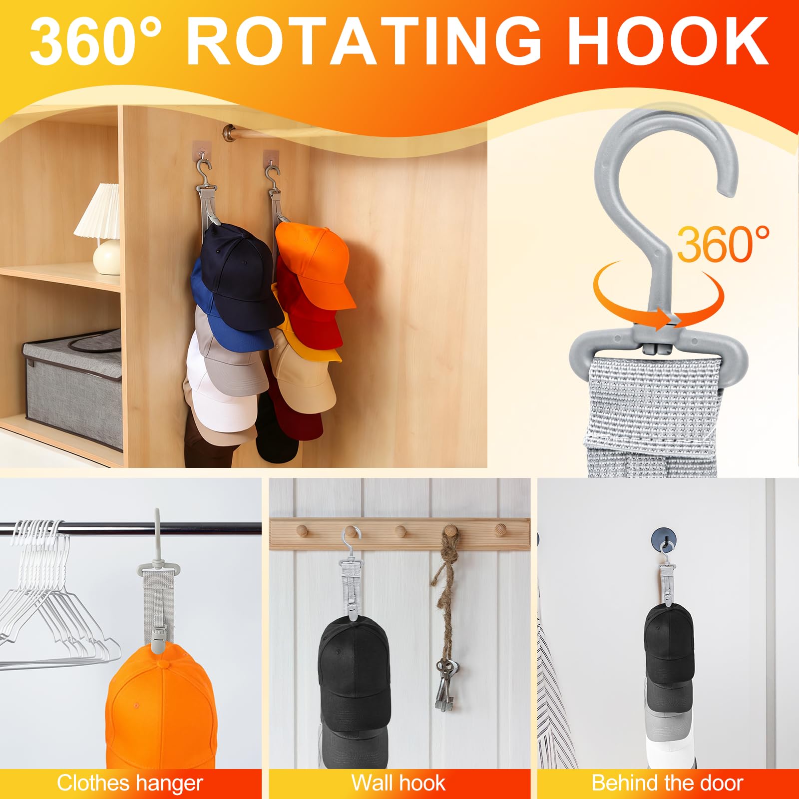Porta Cappelli con 8 Clips,Appendi Cappelli da Parete,Gancio girevole a 360°Portacappelli Clip,cappelli Organizer Armadio da Appendere per Cappellini Baseball Cappelli Fedora Berretti(Grigio,1 Pezzo)