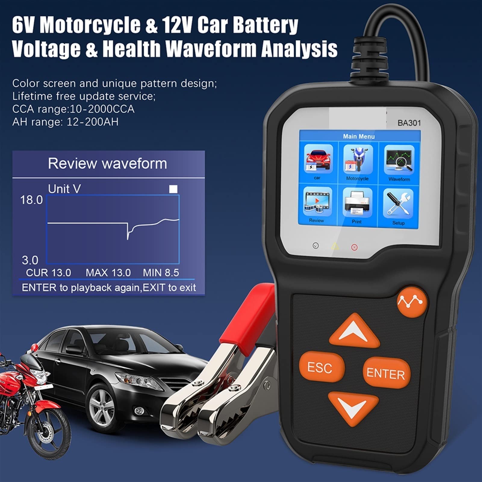 Comprobador de baterias de coche Ba301 Probador de batería 6V Motorcycle 12V Cargador de batería de la batería de la batería de la carga de la carga de la carga de la batería de la carga del analizado