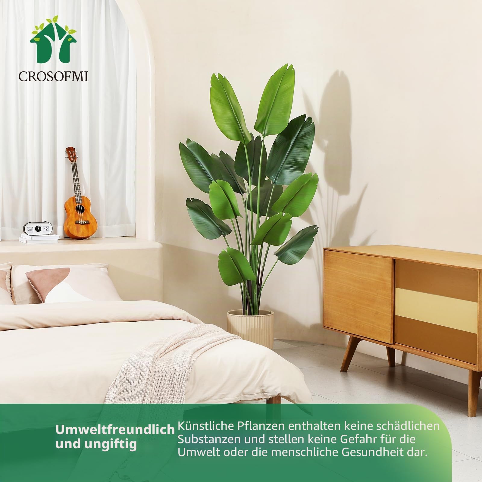 CROSOFMI Künstliche Paradiesvogel Pflanze 180cm künstliche Tropische Palme mit 13 Blättern perfekte künstliche Pflanzen im Topf für drinnen und draußen Haus Büro Garten Moderne Dekoration（1 Pack）