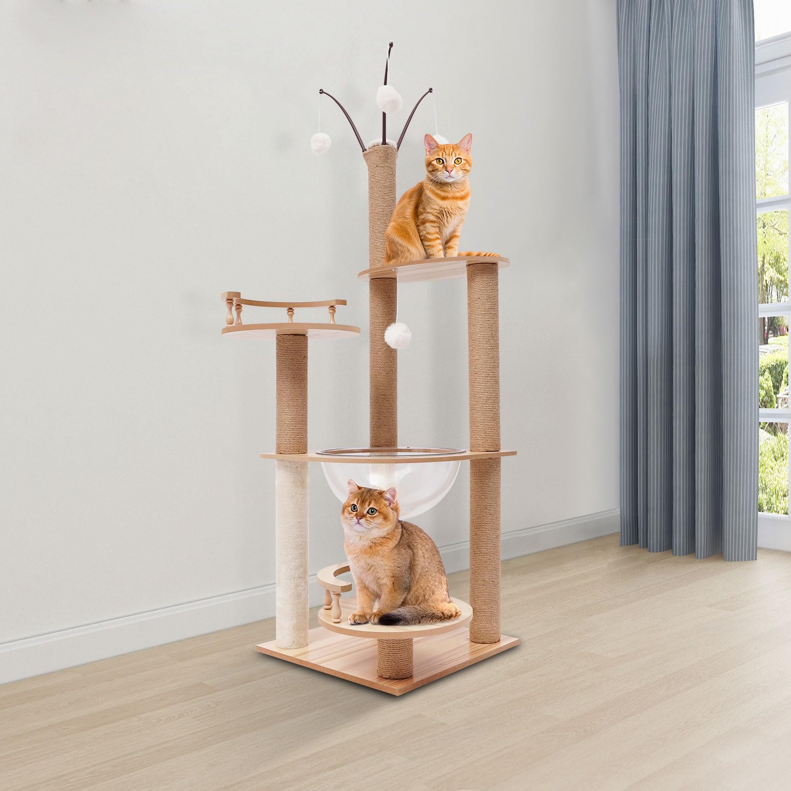 Tiragraffi per gatti, 132 cm, con capsula trasparente, stabile, per interni, per attività con palla da gioco, per gatti, marrone chiaro