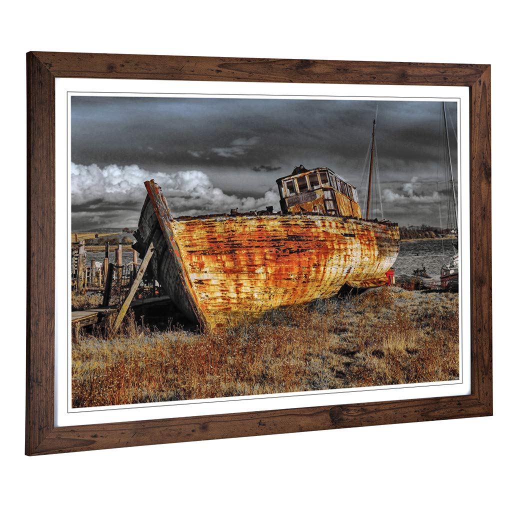 Big Box Art Framed Print of Stranded Boat Wreck on Beach (3) Design | Wall Art Picture | Home Decor for Kitchen, Living Room, Bedroom, Hallway, Walnut, A2 / 24.5x18 Inch / 62x45cm