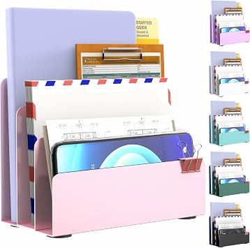 Mail Organizer Countertop, Small Desk File Organizer, Metal File Holder - Essential Workspace Organizers for Office Desk, Home Office Pink