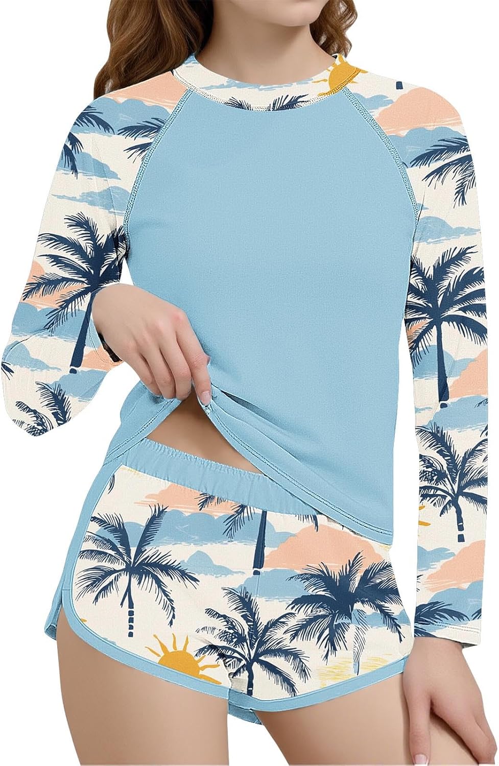 Girls Rash Guard Swimsuit Teens Two Piece Bathing Suit Long Sleeve Swimwear Summer Beach Printing Beach Swimsuits Set