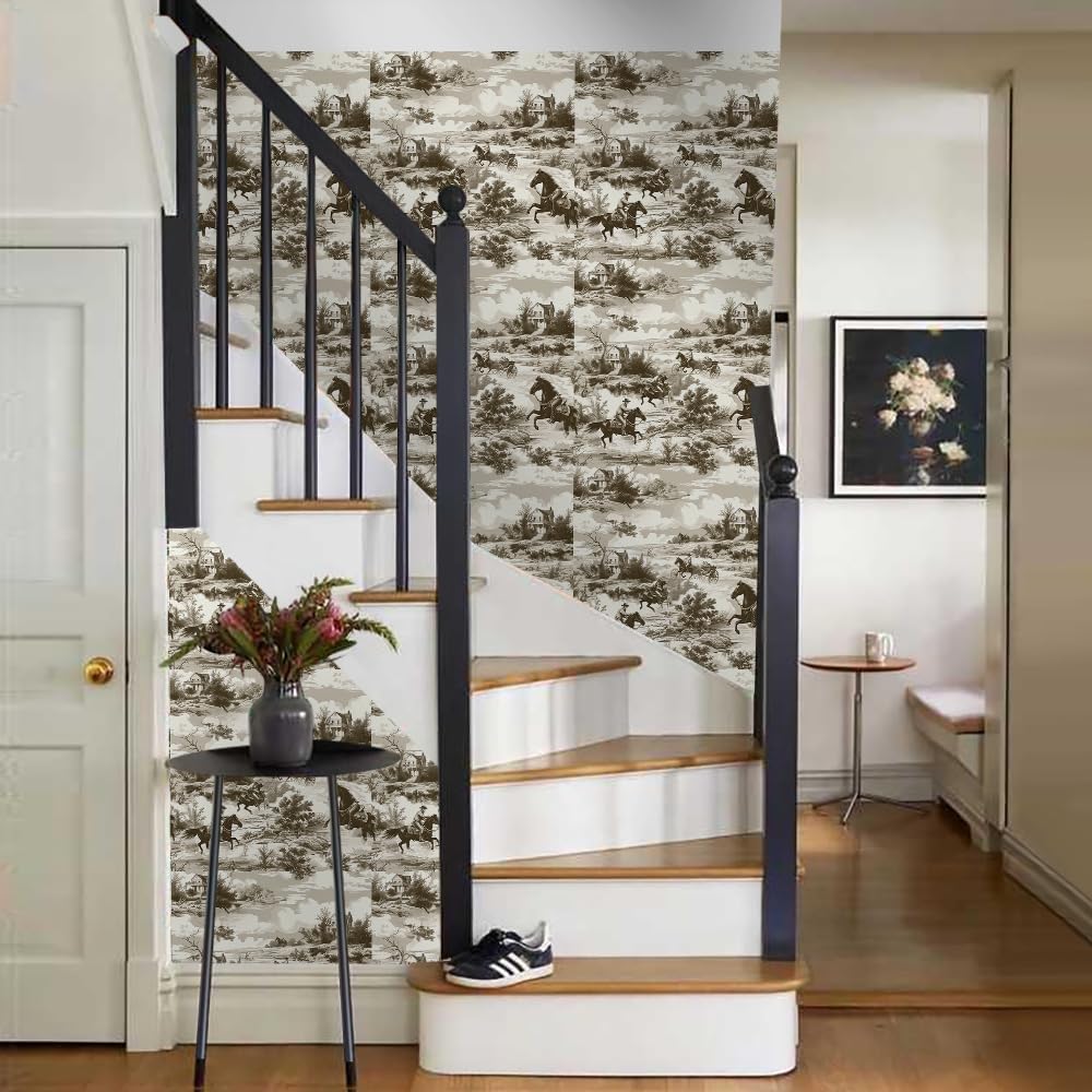 18"x236" Brown White Cowboy Wild Western Peel and Stick Self Adhesive Wallpaper Removable Contact Paper Stick on Easy Peel Off Wall Paper for Kitchen Bedroom Bathroom Renter