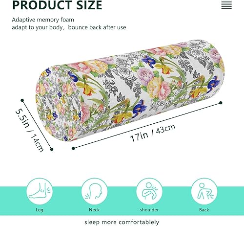 Miniatura 2 de Watercolor Summer Blooming Irises Roses Flowers Bolster Pillow and Cover Bed Neck Roll Pillow Long Round Pillows for Bed for Knee Support Pillow