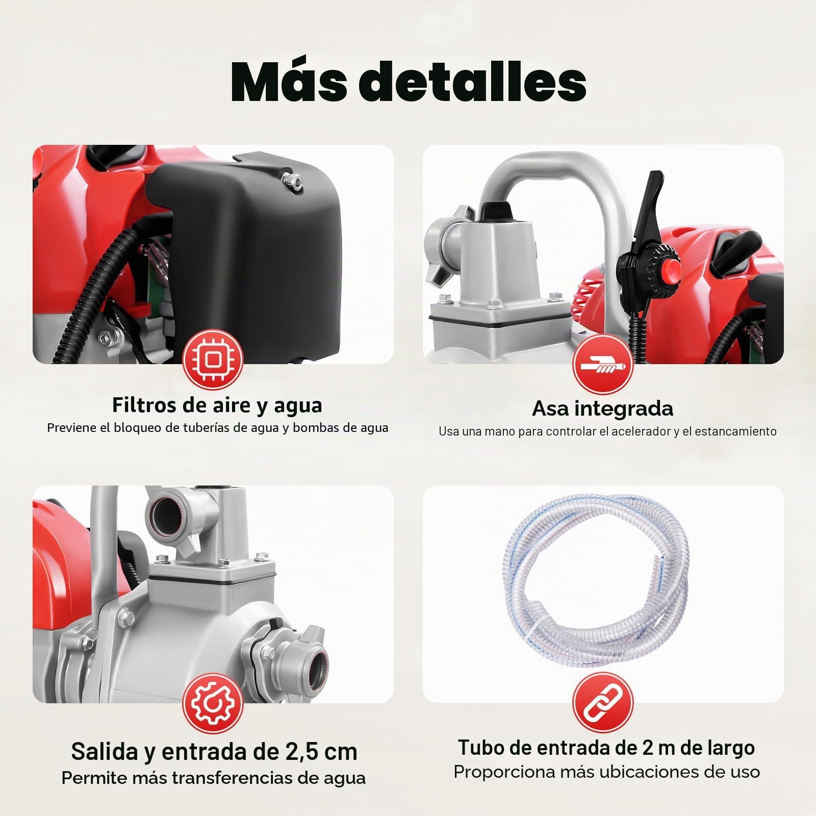 motobomba de agua a gasolina 1,7 CV con motor de 2 tiempos de 1,25 kW, bomba de agua sucia, altura de extracción 30 m, caudal de 10.000 L/H, bomba de alta presión para drenaje/transporte de agua