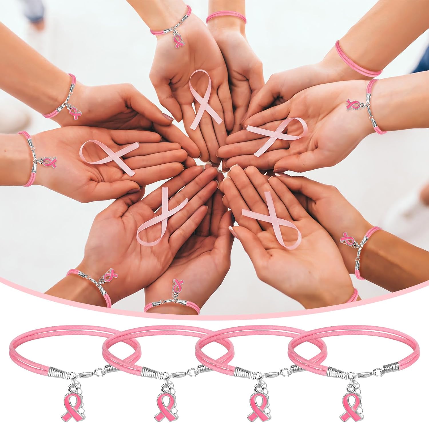 24/48 Pcs Breast Cancer Awareness Bracelets Bulk Breast Cancer Gifts for Women Pink Ribbon Lapel Pins Cord Bracelets Inspirational Wristband Accessories for Survivor Gifts Party Favor - Image 5