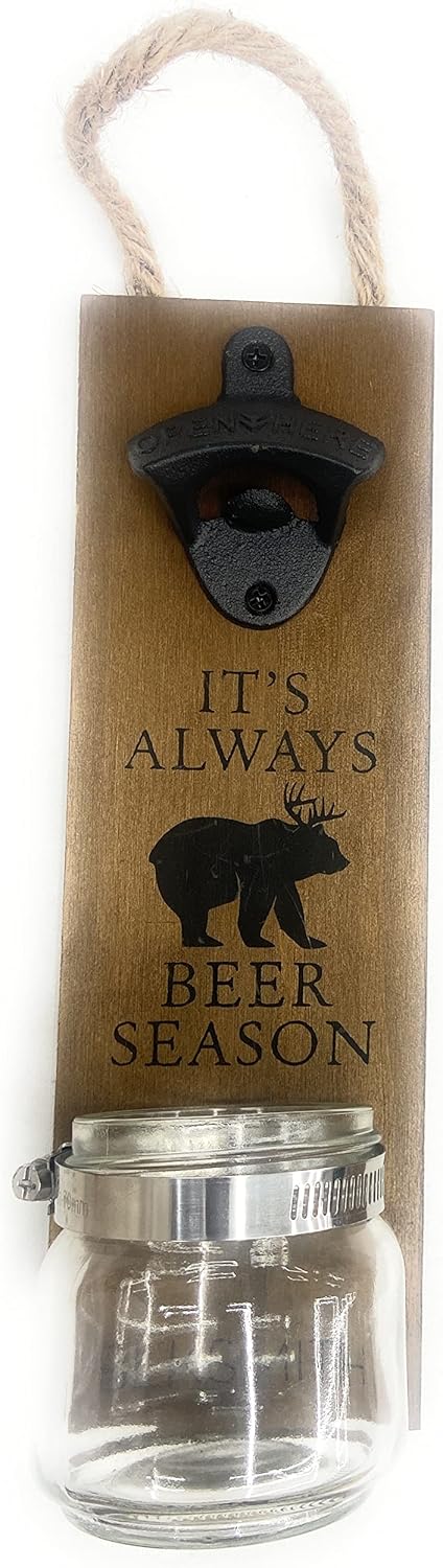 BLKSMITH 木製壁掛け栓抜き キャップキャッチャー付き ビール愛好家に 鋳鉄製 面白い木製栓抜き ユニークなクリスマスの男性の