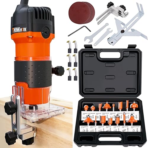 THINKWORK - Fresadora compacta, 6.5Amp, 1.25 HP, kit de herramientas de fresado para madera compacto, cortadora de madera con 15 piezas de 1/4