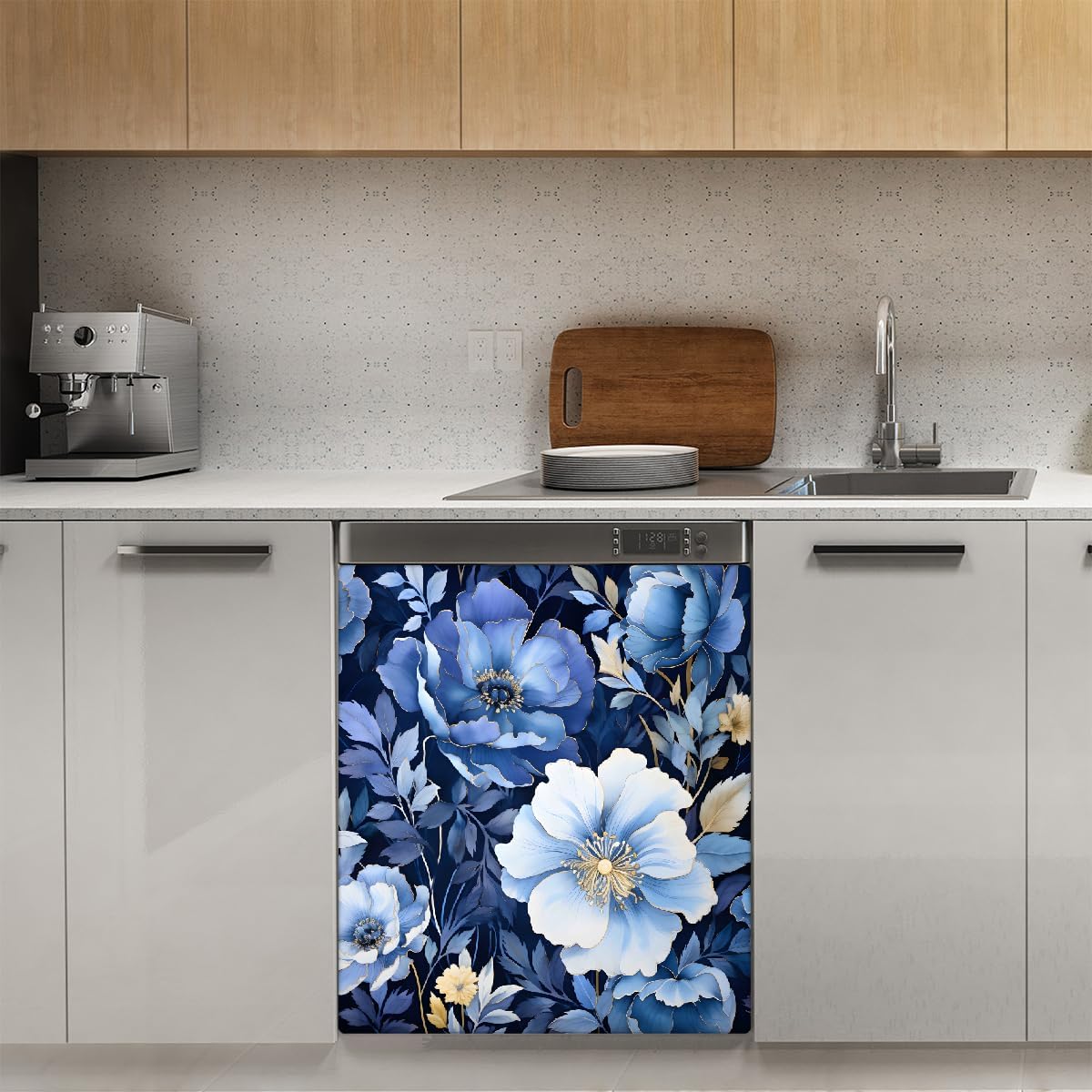 Painting Blue Floral Plant Dishwasher Magnet Cover Decorative Refrigerator Covers Magnetic Reusable Dishwasher Door Cover Kitchen Appliance Sticker Cover 21x26Inch