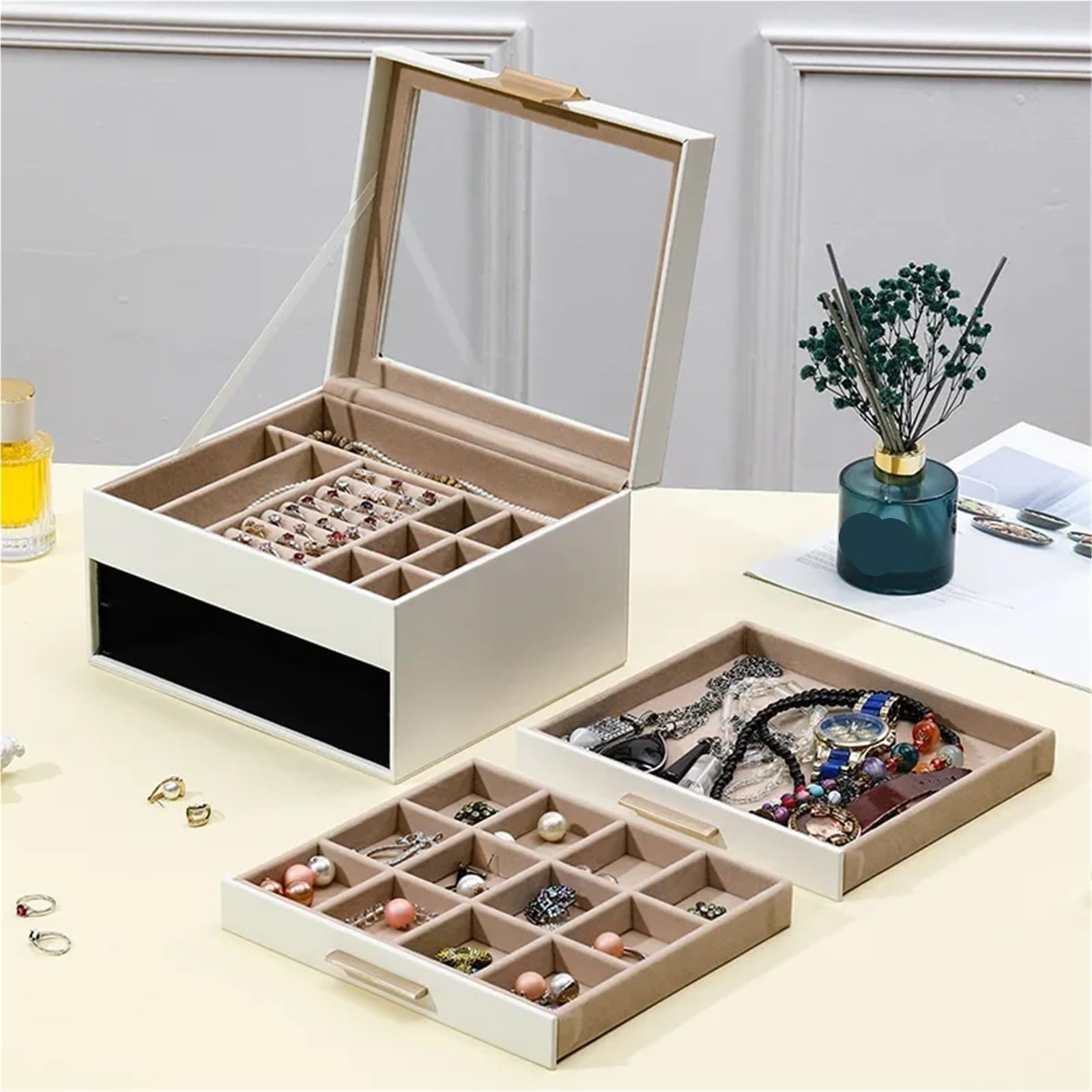 High-capacity Three-layer Flannel Jewelry Box Drawer Storage Earrings Necklace Ring per Gioielli e Orecchini