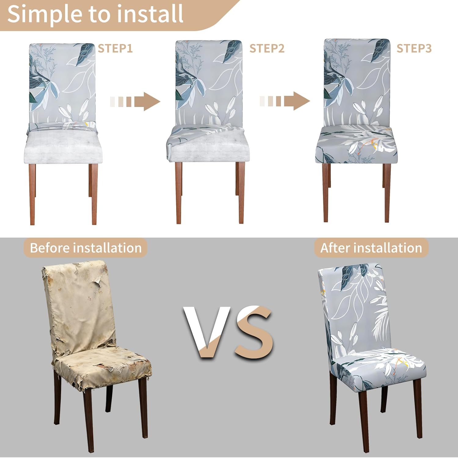 Chair Covers Dining Room Set of 6,Printed Patterned Stretch Non Slip Chair Slipcover Removable Washable Kitchen Chair Protector Cover for Home Hotel Banquet Party Office (Light Gray White Blue Leaf)