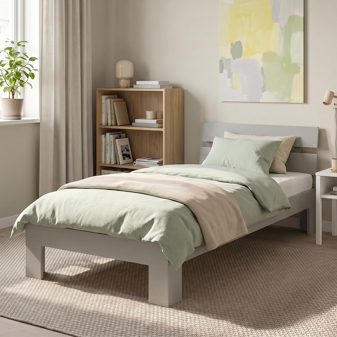 Bellamio Kavir Holzbett 90x200 cm – Massivholzbett mit Lattenrost – Bett aus Kiefer Massivholz in grau lackiert – Bettgestell mit Bettkopf – Stabiler Bettrahmen bis 120 kg – geeignet als Einzelbett