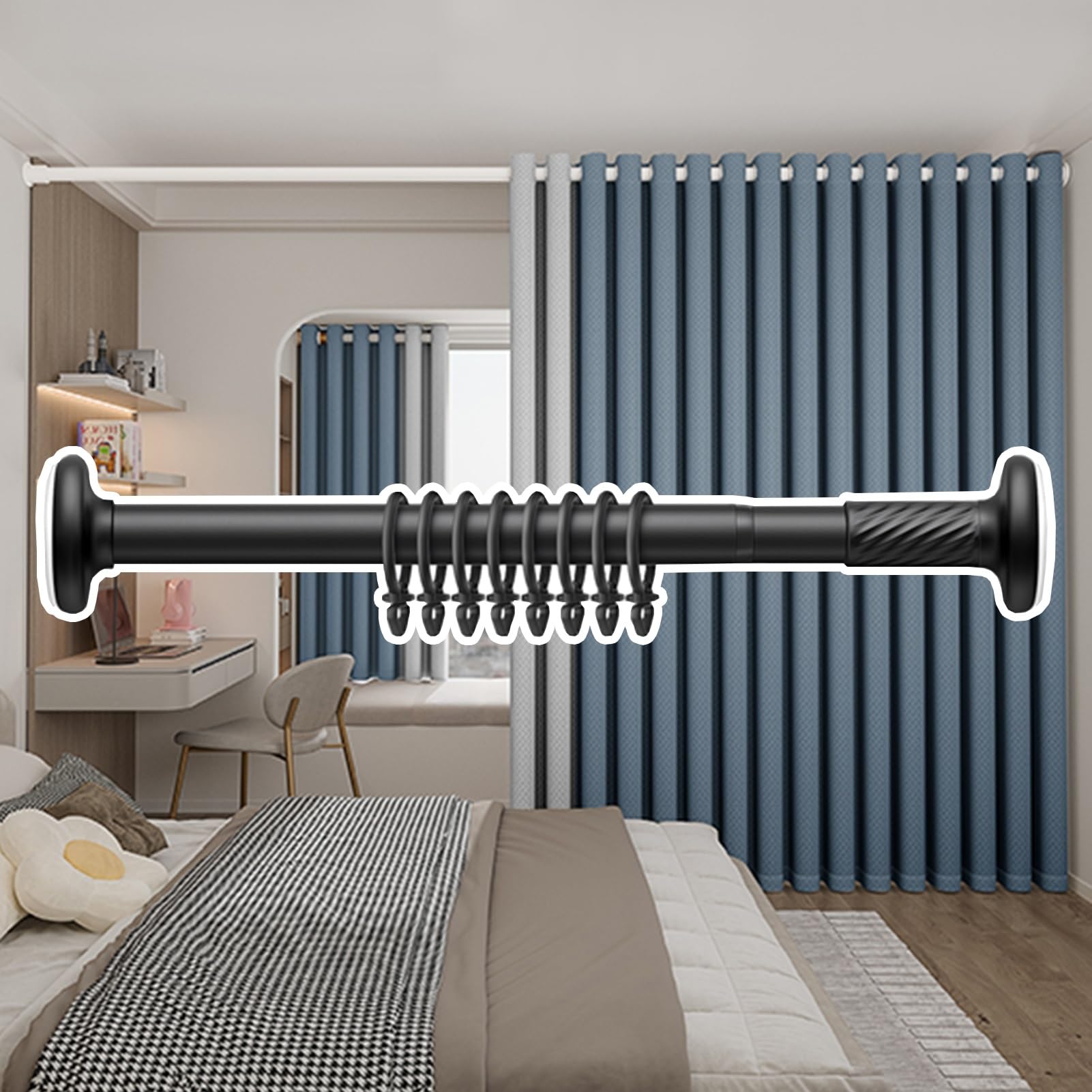 Gardinenschiene für die Decke, verstellbare Gardinenstange ohne Bohren für Fenster, einziehbare Schiene für den Innen- und Außenbereich, Duschabtrennungsstange, rutschfest, schwarz, 1,5 m–2,