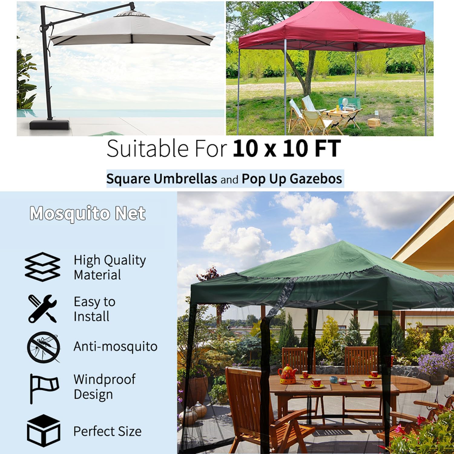Zanzariera per Ombrellone da Giardino, rete antizanzare per ombrellone, 3 x 3 m Zanzariere per Gazebo Esterno con Cerniera per Protezione Dagli insetti (Bianco)