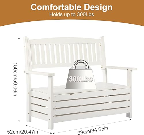 Miniatura 2 de Banco de almacenamiento para exteriores de madera maciza, blanco, 38.2 x 17 x 10 pulgadas
