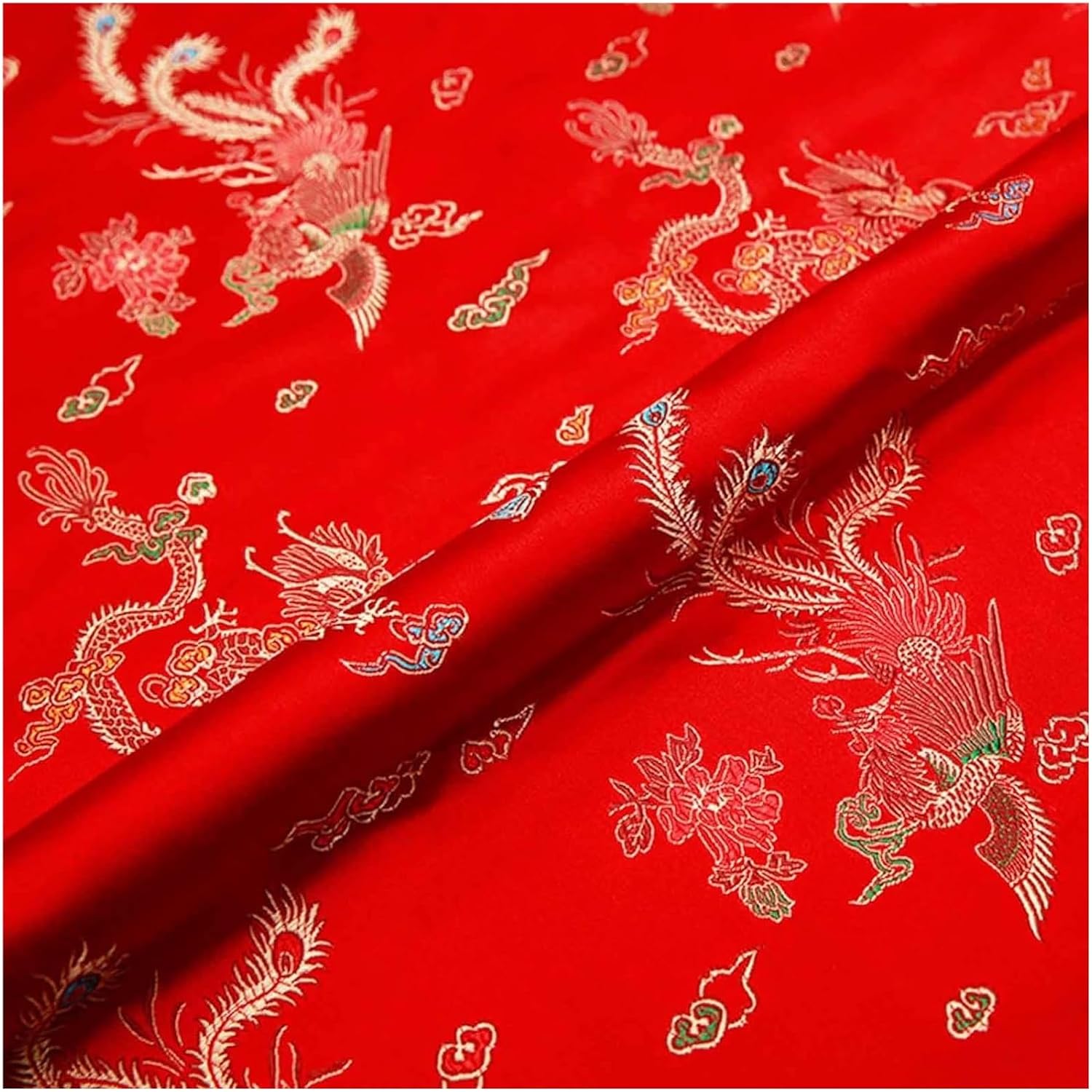 Satin Covering Fabric,Dress Fabric Material, Beautiful Chinese Style Dragon and Phoenix Auspicious Cloud Patterns Imply Wealth Exquisite Workmanship Cheongsam Cloth 150X100cm(Color:Red)