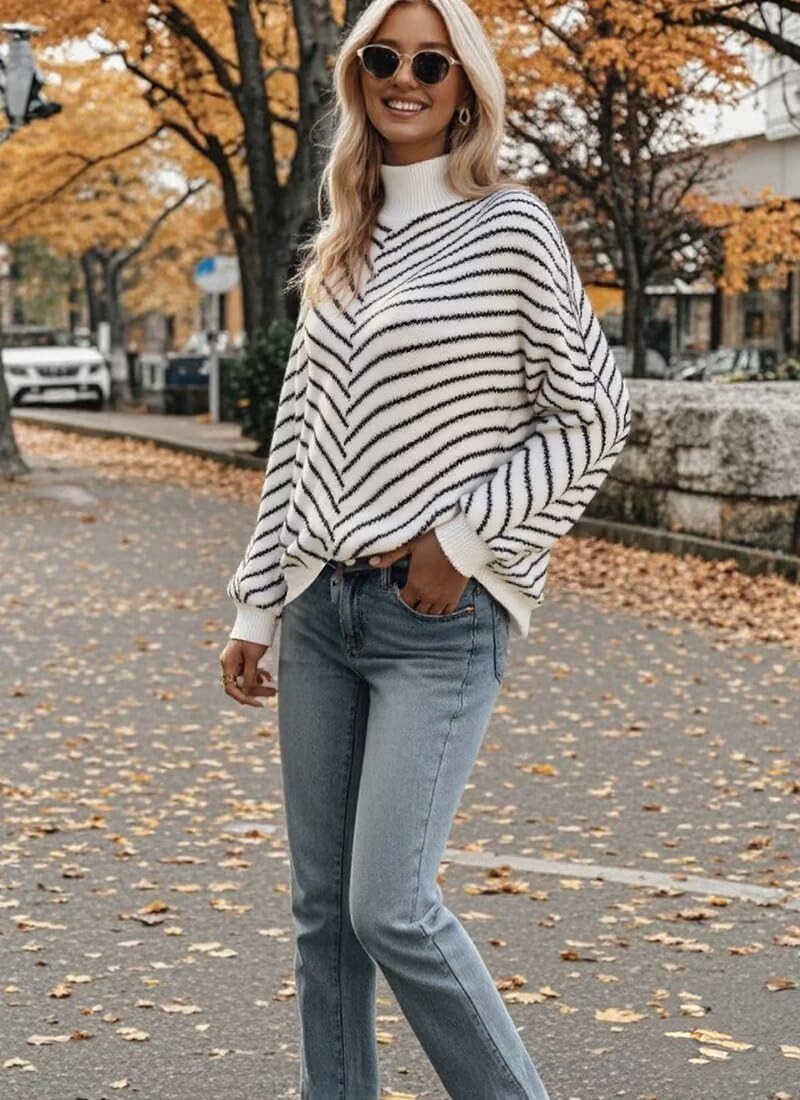Upopby Women's Striped Fall Winter Sweaters for Women Trendy Turtleneck Lantern Sleeve Knitted Pullover Sweater Jumper Tops - Image 5