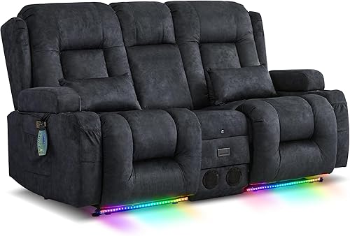 Miniatura 22 de URRED Sofá reclinable de dos plazas con masaje y calor, sofá biplaza reclinable eléctrico con consola, asiento de cine en casa con luces LED,