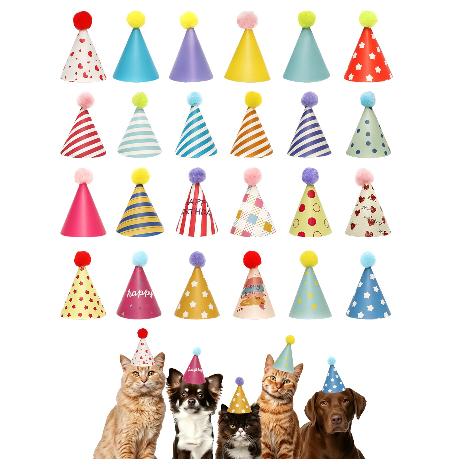 Hounyou 24Pcs Mini Party Hats for Animals, Small Dog & Teddy Bear Birthday Hat, Colorful Mini Party Hats for Pet Celebration, Dollhouse Accessories & Craft Supplies