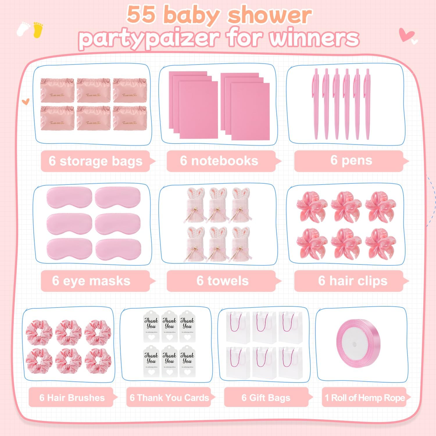 55-Piece Baby Shower Game Winner Prize Set, Including Hair Ties, Eye Mask, Makeup Bag and Gift Bag, Suitable for Baby Shower Game Prizes, Weddings and Bridal Shower Gifts (PINK)