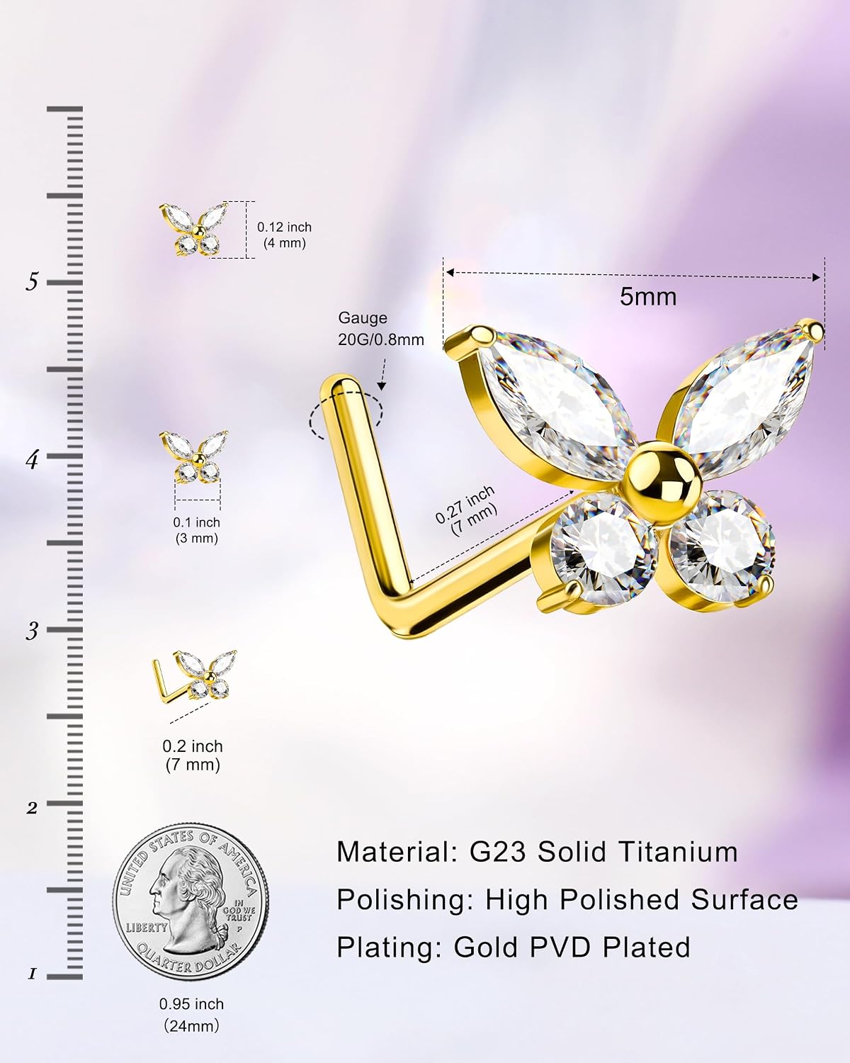 Jewseen Titanium Nose Ring, 20G L Shaped Butterfly Nose Ring Stud for Women, Simulated Diamond Nose Piercing Jewelry, Surgical Steel Nostril Jewelry Hypoallergenic