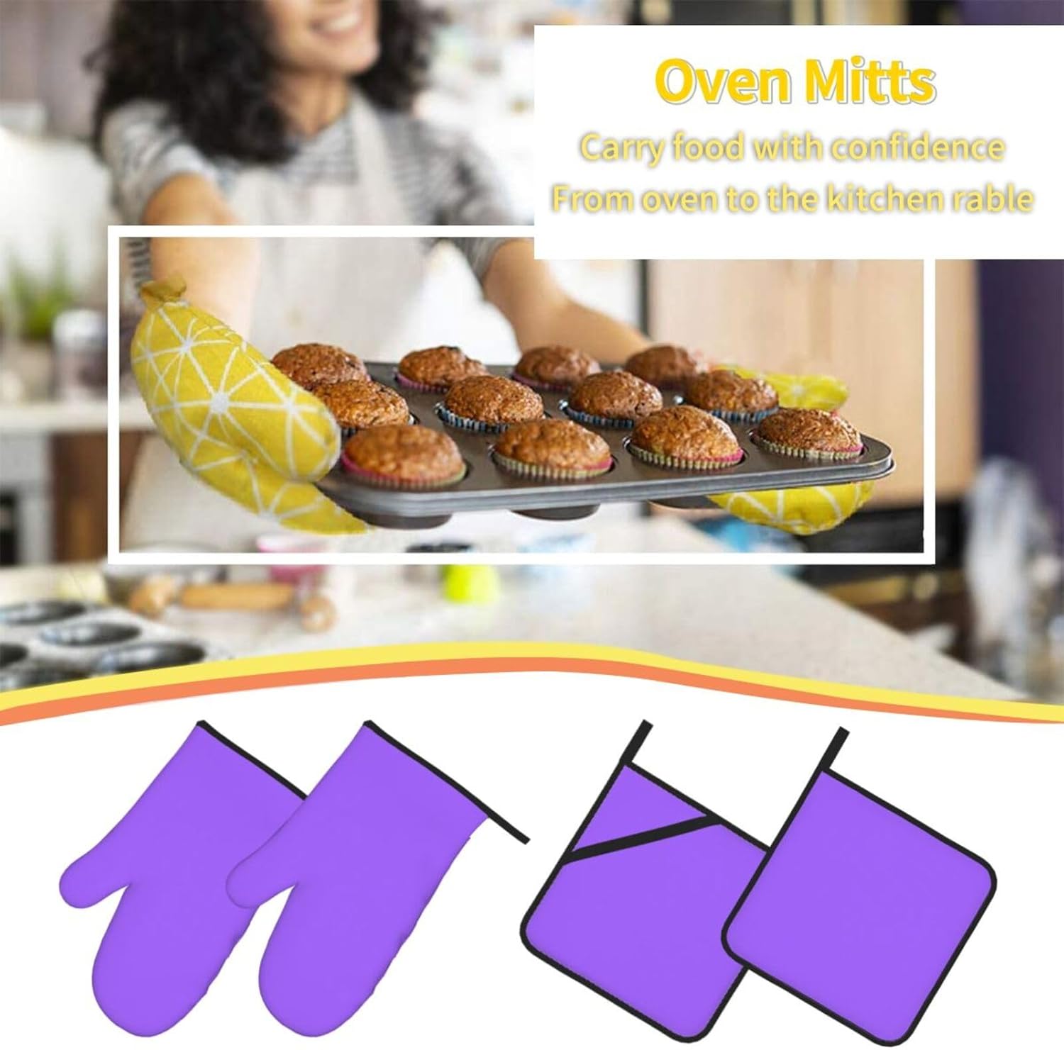 Solid color light purple Oven gloves and heat-resistant mat 4-piece set. Suitable for grilling, microwave oven frying, and baking