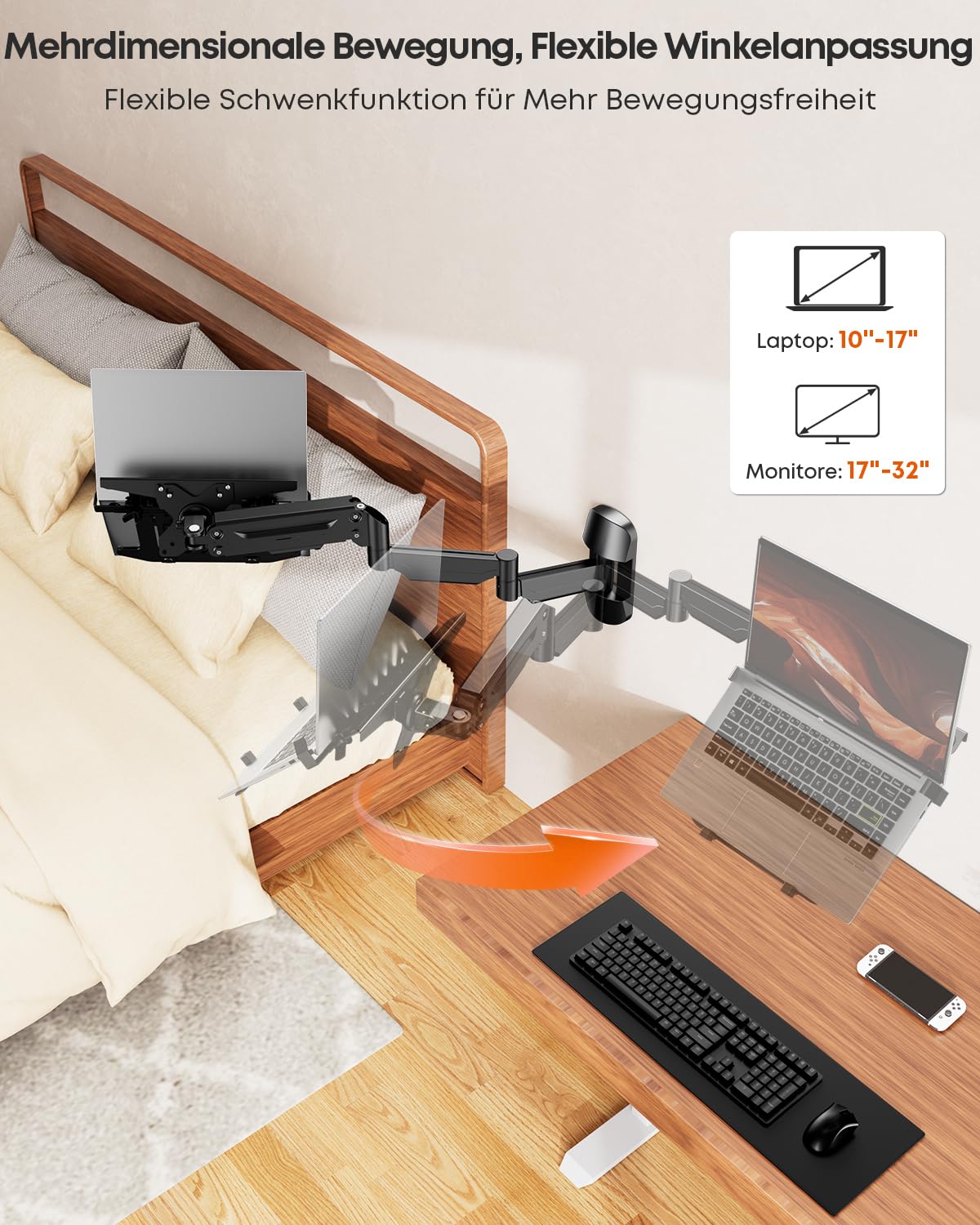 PUTORSEN Extra Lange 2-in-1 Laptop-Wandhalterung mit Abnehmbarer Ablage, 76,9 cm Gasfeder-Monitorarm, höhenverstellbar für 12–17 Zoll Laptops und 13–32 Zoll Monitore, belastbar bis 9 kg, Schwarz