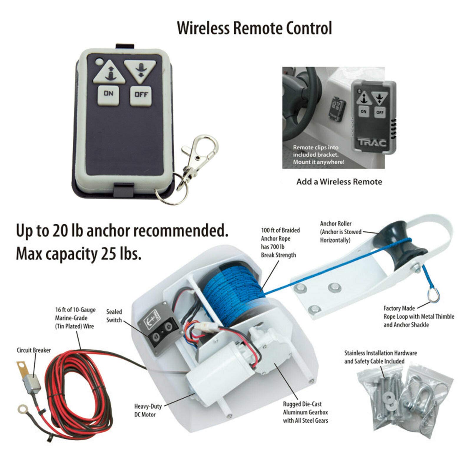 Elektrische Ankerwinde 12V, Weiß, 11Kg / 25LBS, Salzwasser, Fernbedienung, 100FT geflochtenes Ankerseil, 17' Batteriekabel, separater Rollendavit