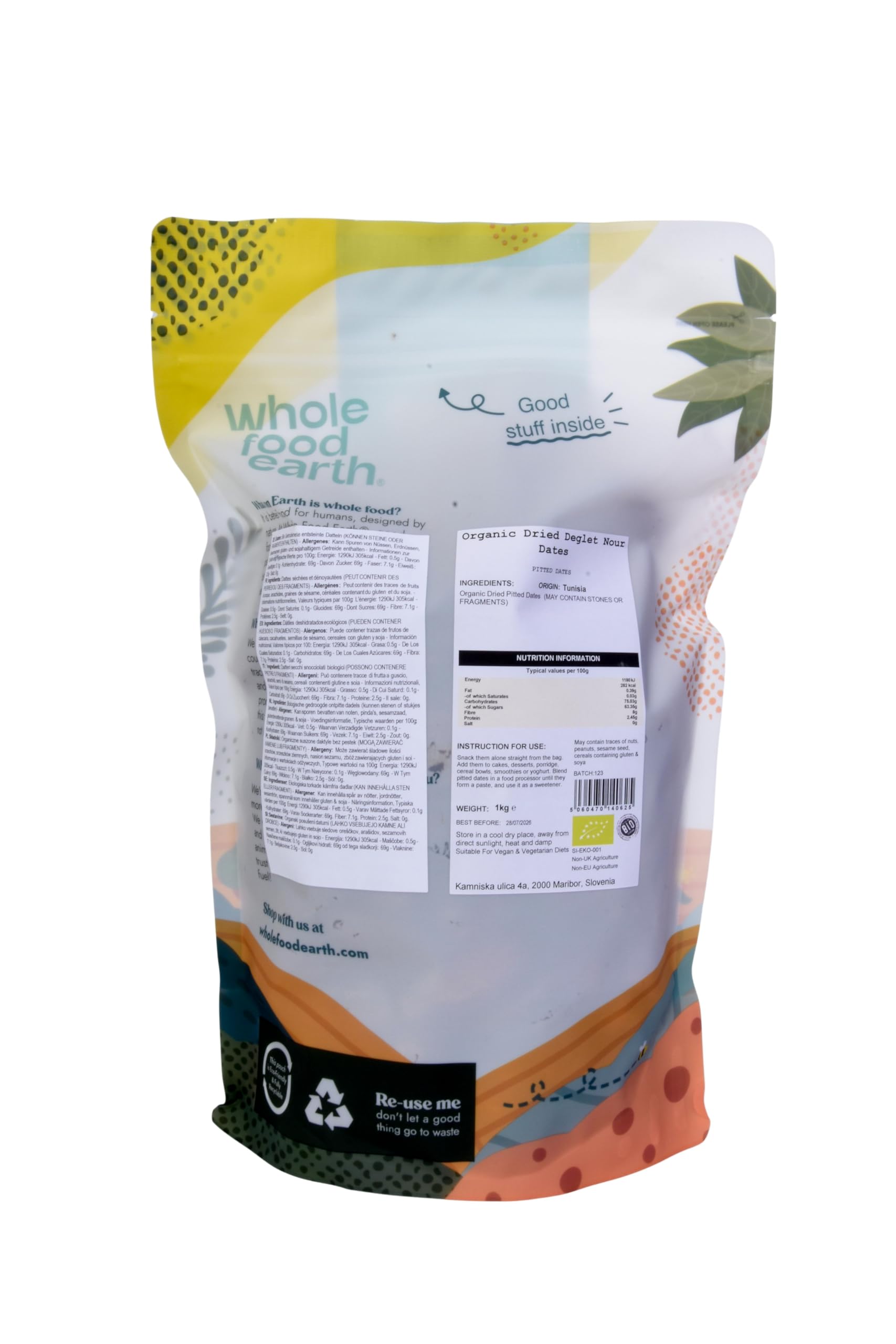 Wholefood Earth Bio-Getrocknete Deglet Nour Datteln (entsteint) 1 kg | GVO-frei | Roh | Vegan | Ballaststoffreich | Zertifiziert biologisch (Packung mit 4)