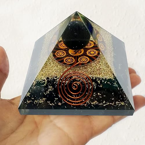 Miniatura 4 de Shungite con esfera de turmalina orgón pirámide generador de energía - Orgonita - Protección de energía negativa - Cobre - Piedras de meditación -