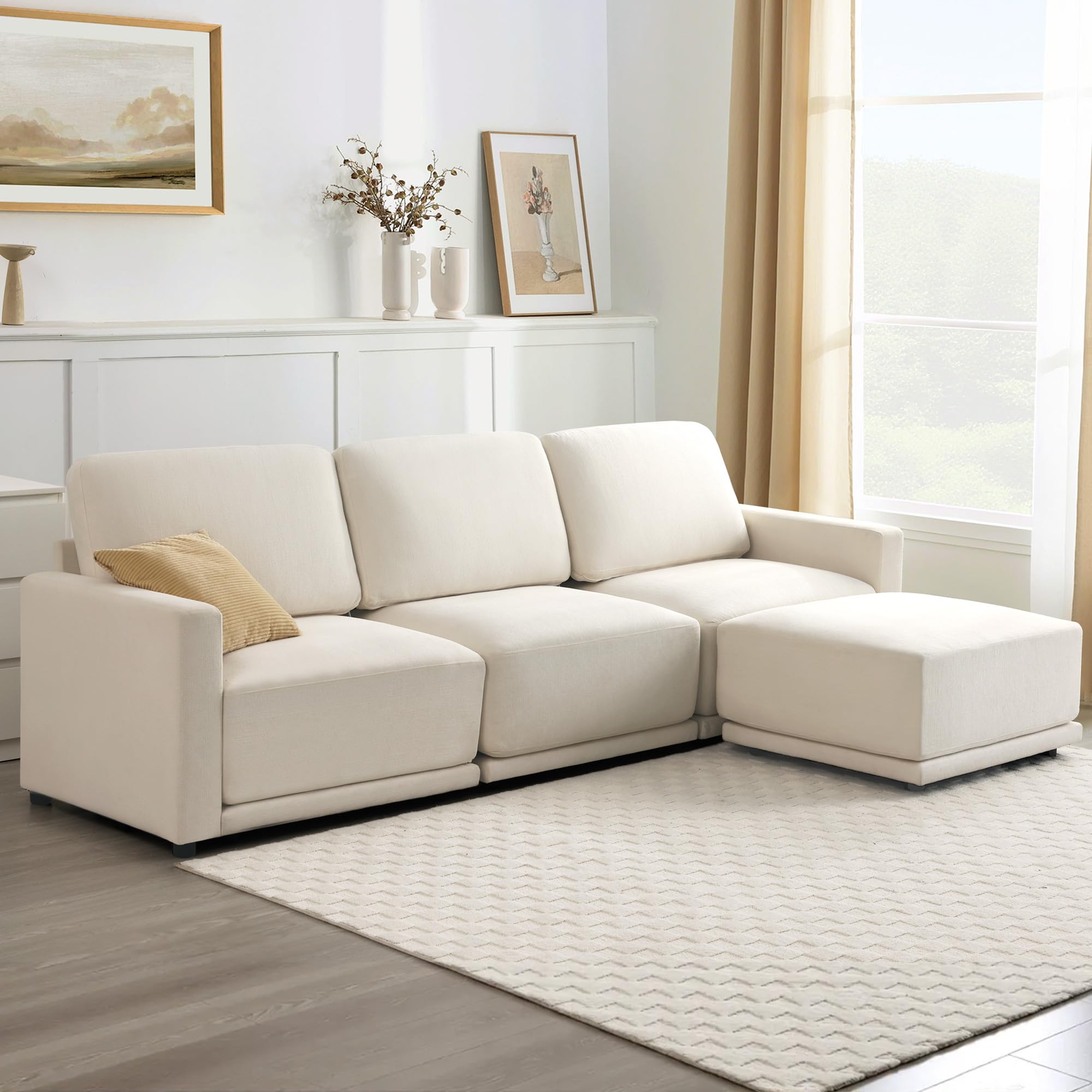 112" Modular Sectional Couches for Living Room, L-Shaped Modern Sofa with Ottoman, 4-Piece Chenille Sofa Set for Home Furniture, Beige
