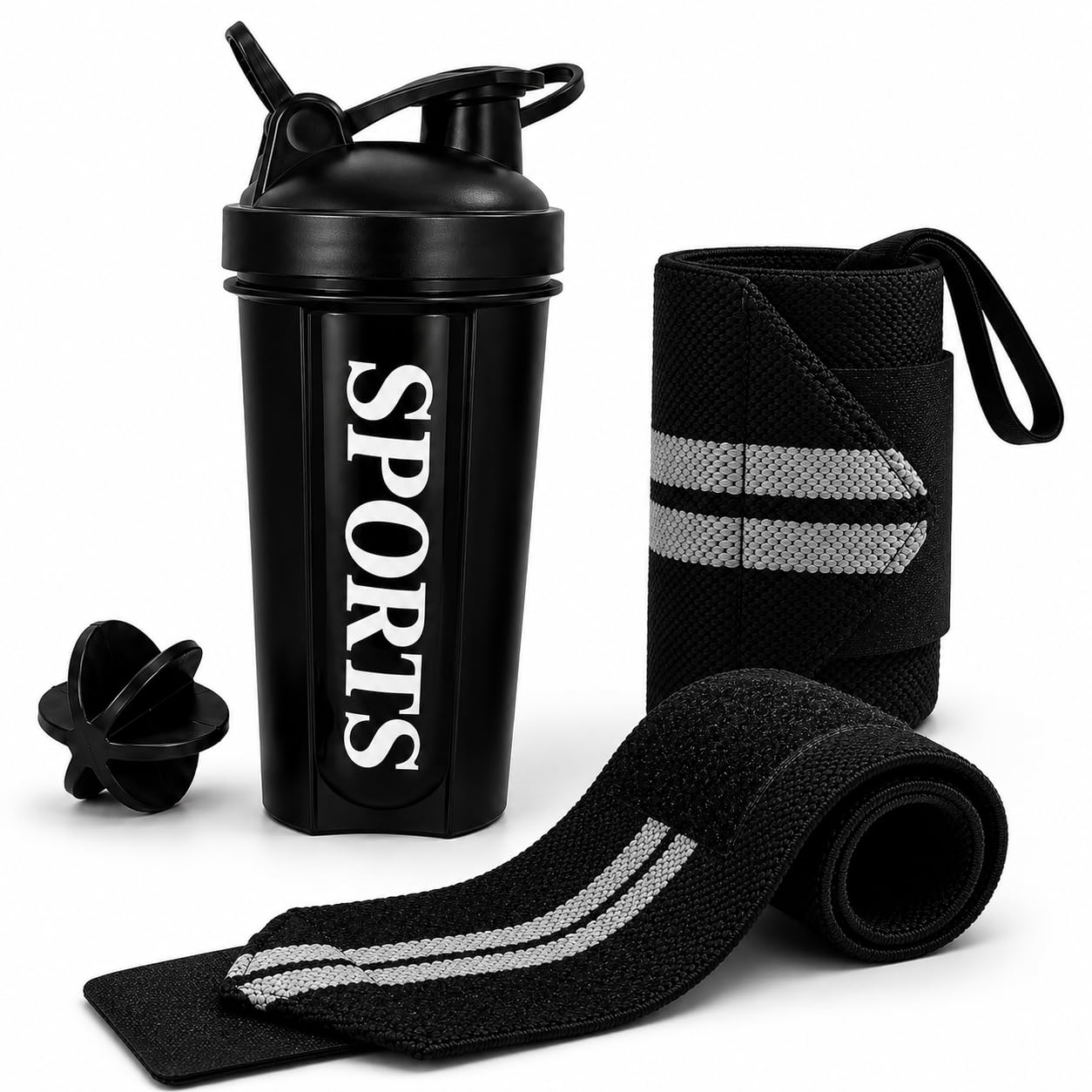 Gym Shaker Bottle Combo Pack of 2, 700ml BPA-Free Leakproof Protein Shaker with Wrist Support Wraps and Thumb Loop Straps for Workout, Weightlifting, Fitness Training (BLACK)-image-42