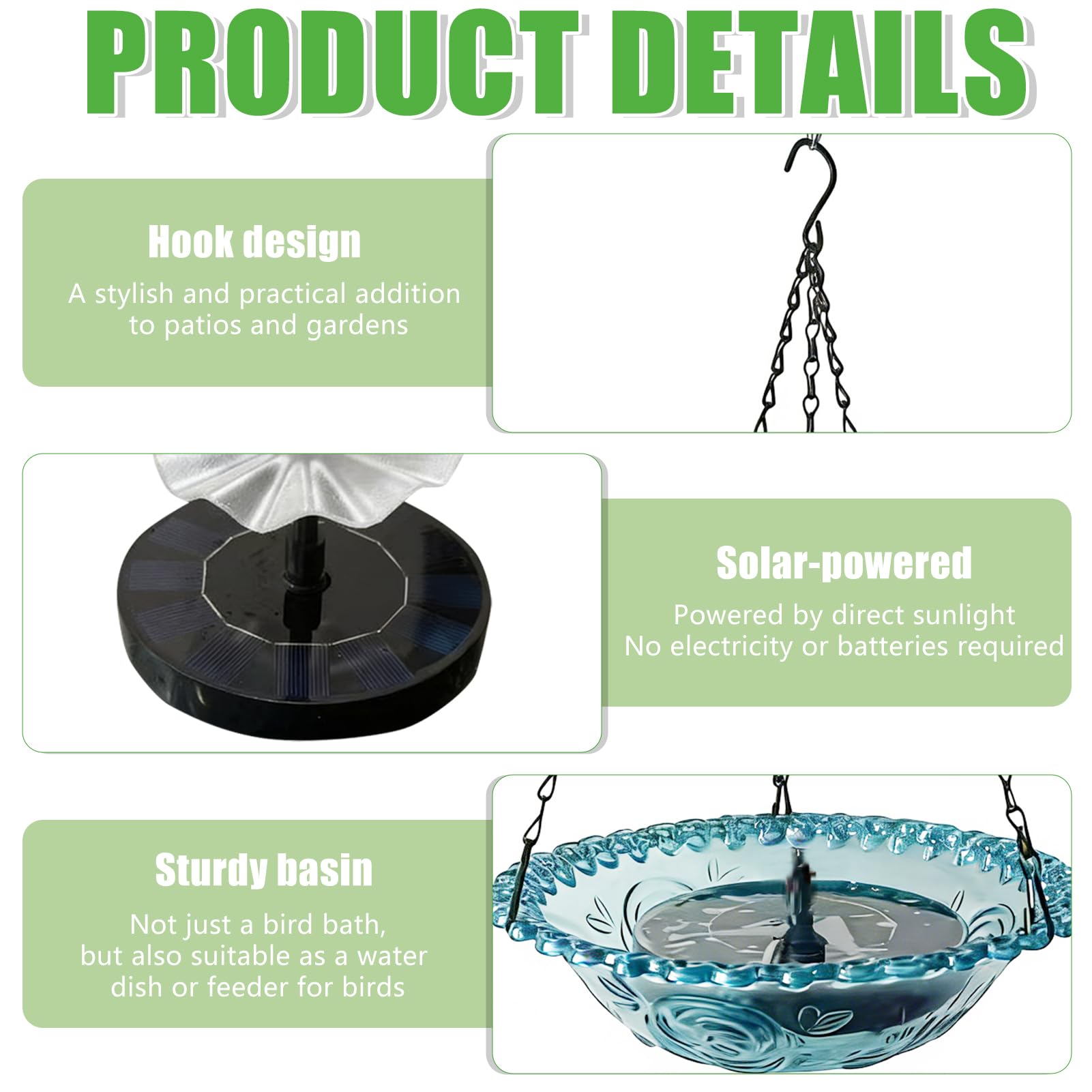 Vogeltränke Hängend mit Solarbrunnen, Solar Vogeltränke Balkon, Vogelbad Garten zum Aufhängen, Wassertränke für Vögel mit Springbrunnen Wasserspiel,Metall Trinkschale Vögel für Garten Hof Outdoor (A)