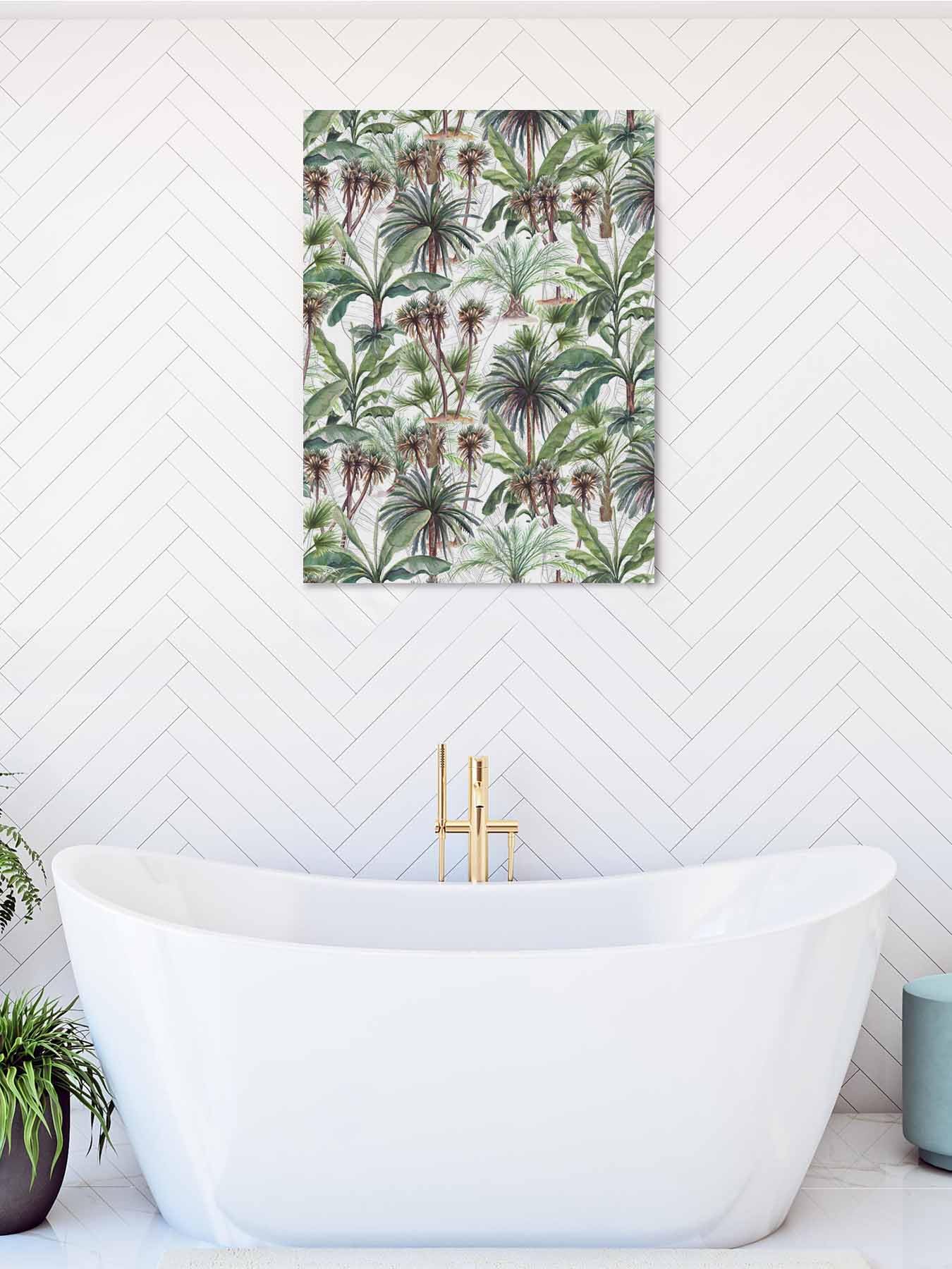 Green Palm Tree Monstera Leaves Canvas Wall Art,Vertical Wall Art Paintings Ready to Hang, Watercolor Tropical Plant Artwork Decor for Living Room Bathroom Bedroom,32x48In