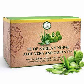 Sabila & Nopal Aloe Vera & Cactus Herbal Tea 25 Tea Bags Caffeine-Free Botanical Infusion Mild & Natural Flavor 100% Natural, Vegan, Non-GMO Made in Mexico by HIGH SUPREME