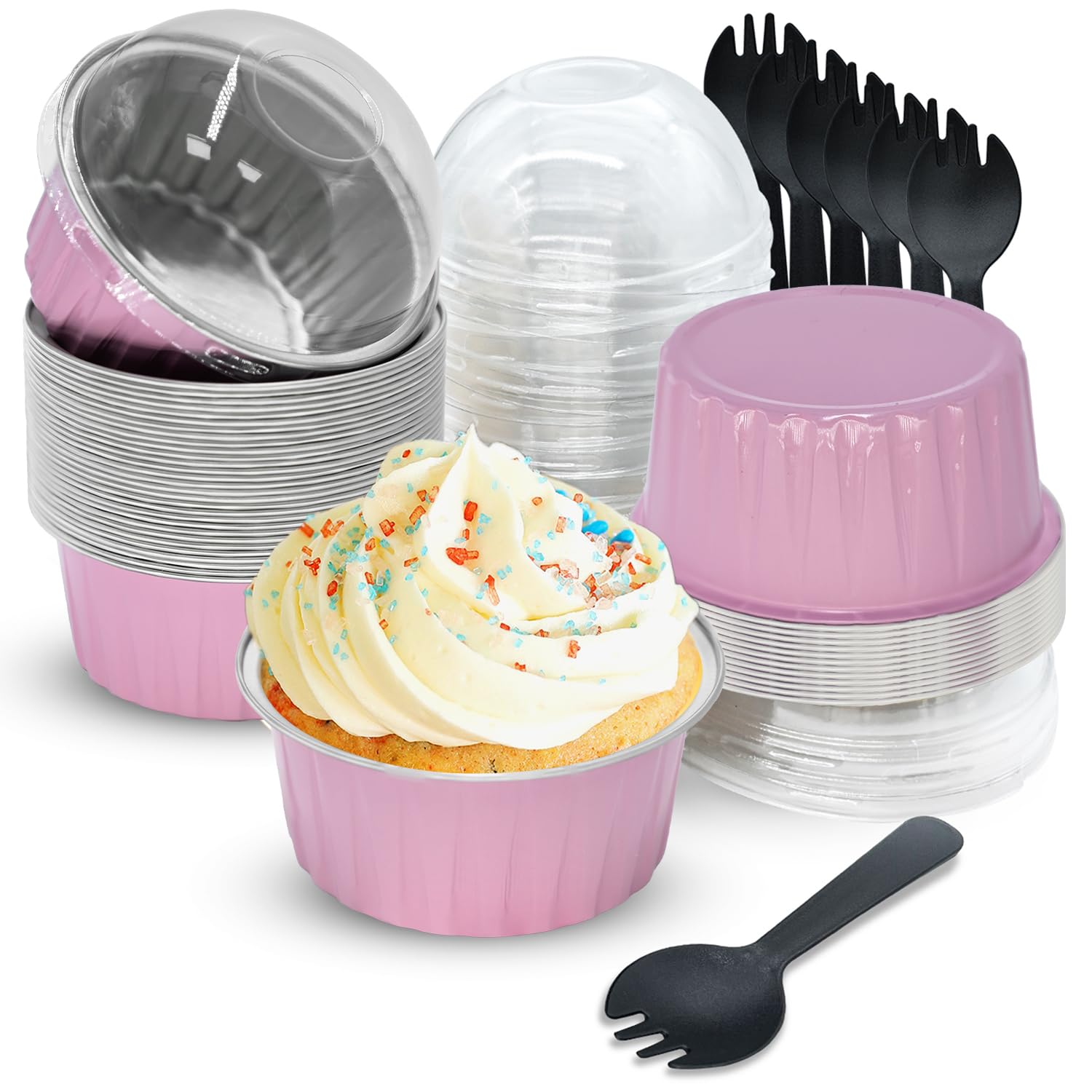 OYEL Aluminum Foil Baking Cups (30pcs, 5oz) Round Cupcake Foil Cupcake Liners with Lids - Disposable Baking Cups for Pudding, Souffle, Party, Wedding