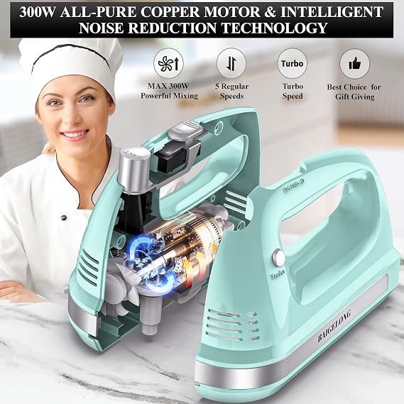 BAIGELONG Hand Electric Mixer, 300W Ultra Power Food Kitchen Mixer with 5 Self-Control Speeds + Turbo Boost, 5 Stainless Steel Attachments Handheld Blender for Baking, GREEN