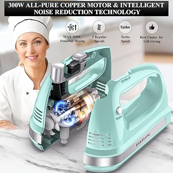 BAIGELONG Hand Electric Mixer, 300W Ultra Power Food Kitchen Mixer with 5 Self-Control Speeds + Turbo Boost, 5 Stainless Steel Attachments Handheld Blender for Baking, GREEN