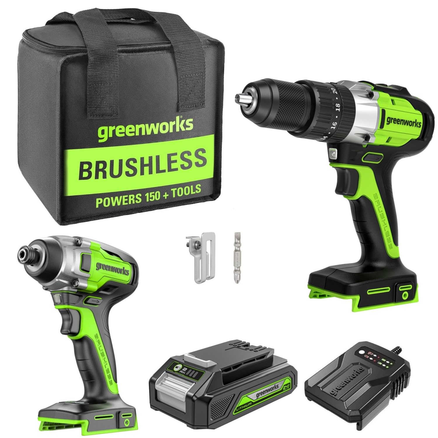 Greenworks Kit d'outils sans fil 24 V, foret pour marteau perforateur 60 Nm, visseuse à percussion 300 Nm, batterie 2 Ah, chargeur